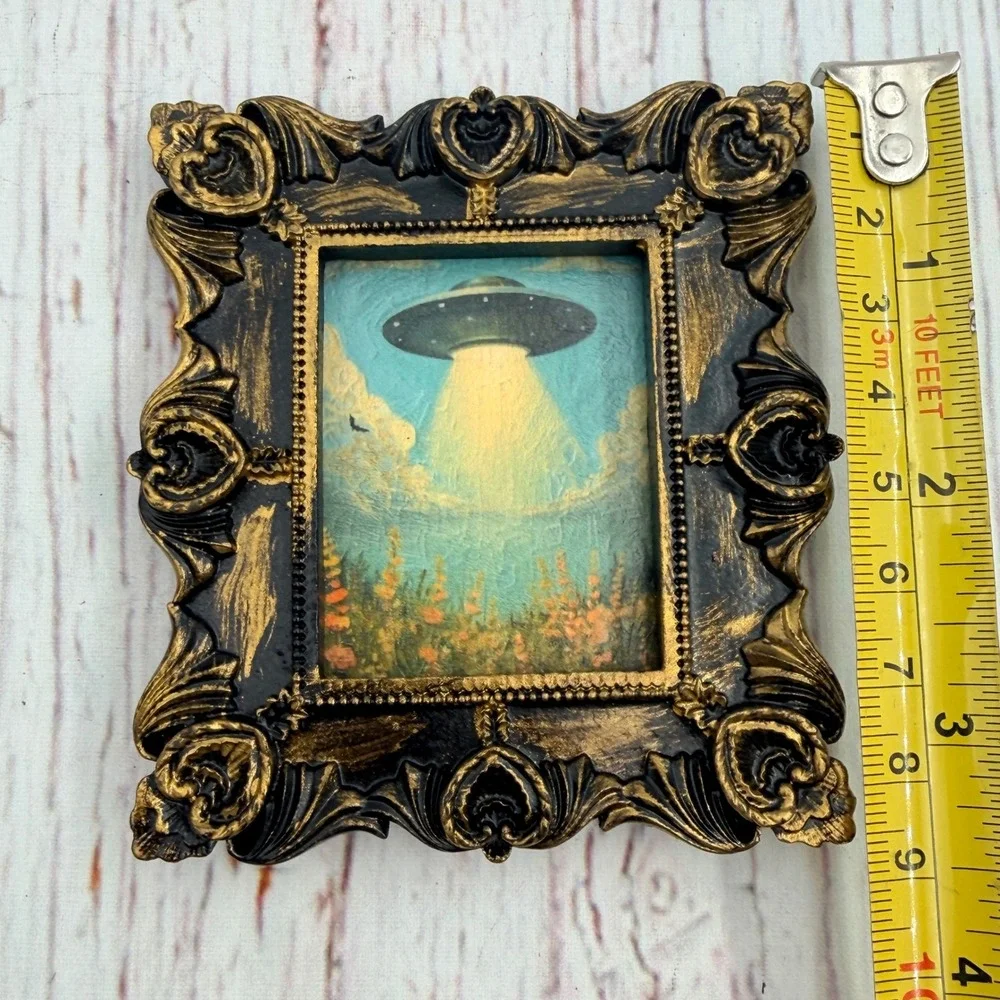 Miniature UFO Alien Art Print in Ornate Black Gold Baroque Resin Frame 3.25in